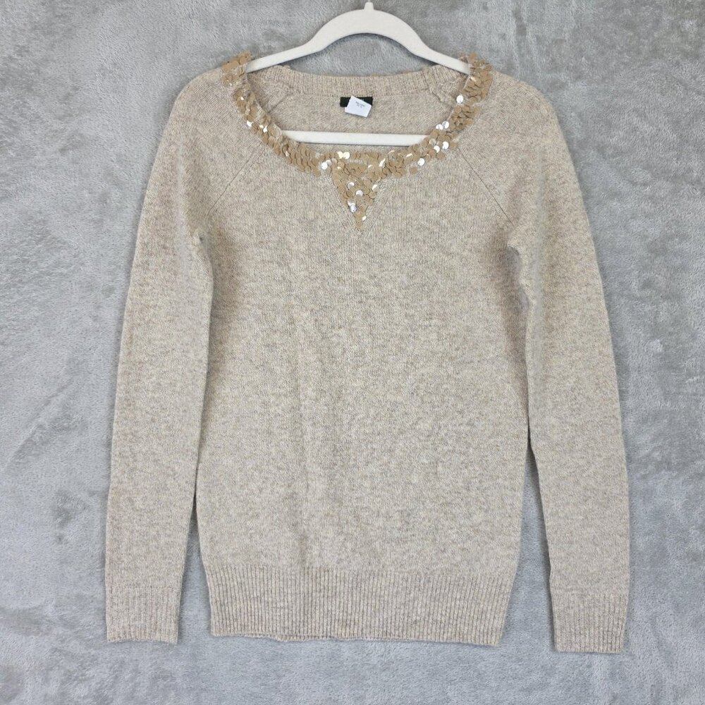 J Crew Sweater Womens XS Beige 100% Lambswool Sequin Scoop Neck Raglan Sleeve